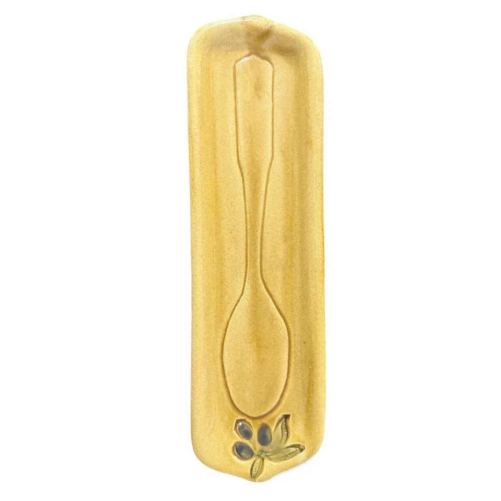 Mustard Yellow Ceramic Spoon Rest Olive Branch‎ Motif Rustic Kitchen Decor